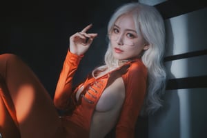  Masterpiece,high quality,(solo:1.2),((hubggirl)),(((human skeleton | girl))),(white hair:0.3),cinematic light,orange clothes,detailed environment,1girl,solo,reflection,upper body,sunlight,(White hair:1.2),very long hair,wide sleeves,Deep photo,depth of field,shadows,messy hair,seductive silhouette play,dark,nighttime,dark photo,grainy,dimly lit,bangs,Cinematic Lighting,Tyndall effect,abstract background,vibrant colors,modern style,artistic,dynamic composition,unique patterns,bold textures,colorful,lively,youthful,energetic,creative,expressive,stylish,trendy,white_marble_glowing_skin,hubgwomen