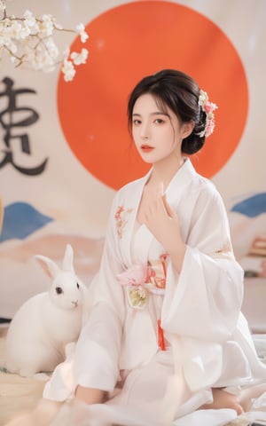 A young woman in a beautiful white kimono sits on a soft, patterned fabric. She is adorned with delicate floral hair ornaments and a red tassel hangs from her waist. Her expression is serene and elegant, her gaze directed towards the viewer. A white rabbit sits beside her, adding a touch of innocence and charm to the scene. The background features a large red circle and a traditional Chinese character, creating a sense of cultural richness and mystique. [Photorealistic portrait, inspired by the works of Annie Leibovitz and Steve McCurry], [Soft, natural light, focus on the woman's face and her elegant pose, blurred background with a sense of depth, textured surfaces, a sense of cultural heritage and beauty], Hanfu, KOLNB, Ahri,Auguste Renoir ~ Paul Peel ~ John Singer Sargent ~ Alexandre-Jacques Chantron ~ John William Godward ~ John William Waterhouse ~ Han-Wu Shen ~ Ishitaka Amano ~ Chakrapan Posayakrit ~ Kim Jung Gi ~ Kei Mieno ~ Ikushima Hiroshi ~ WLOP ~ William-Adolphe Bouguereau ~ Alphonse Mucha ~Luis Royo ~ Range Murata ~ Jock Sturges photography ~ David Hamillton photography,sparkles,,surreal