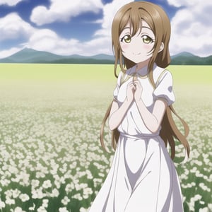 Hanamaru Kunikida, Love Live Sunshine, long hair, white dress
Flower field background
daylight, cloudy