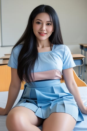 teacher, super realistic 3/4 shot, passionate pose, professional photography portrait of 30 year old woman. female teacher in the classroom, very realistic skin, cinematic lighting, flowing black hair, holding a book, scout outfit, open-buttoned shirt with right and left pockets, long slave, transparent long skirt, (large hips: 1.3), tight cotton dress , smiling seductively, looking at the camera, (masterpiece :1.0,1 Woman,Futa,milf,indohijab