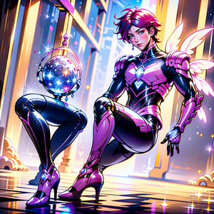 Realistic Image with human anatomically correct proportions and details, attractive curvaceous seductive supportive beautiful handsome pretty stunning dazzling outragious non-binary gender fluid androgynous femboy tomboy lgbtqiapn person, music and arts motiff, new unique uniform like a idol superstar superhero, power ranger, Purple Ranger, inspirig lover artist musician actor dancer singer bard, fullbody image, Spellcaster, sound music motion and feelings elements of power,cyber_armor,1 girl