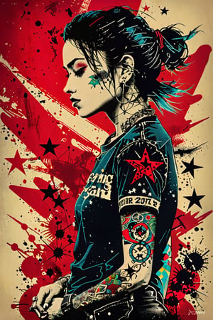 (An amazing and captivating abstract illustration:1.4), (1girl:1.3), (female focus:1.1), small breasts, t-shirt, (grunge style:1.4), (minimalistic:1.3), (modern aesthetics:1.2), white American girl,classic band poster theme,full tattoo,red background,colorful,award-winning, artint,side view,NSFW,ink,retro ink