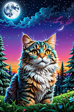 (best quality, 4k, 8k, highres, masterpiece:1.2), ultra-detailed,T-shirt design,illustration, a cat with a colorful sky background and trees in the background, with a full moon
