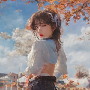 (best quality, ultra detailed, absolutely resolution, photography), 1girl, Japanese, kawaii, modern, cool, joy, arms behind back, looking at viewer, face close-up, dynamic pose, scenery, town, street, autumn leaves, sky, cloud,poakl girl