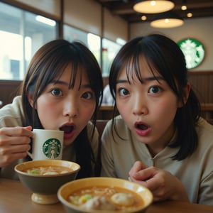 (realistic photography, raw photo, realism, horror comedy), two Japanese girls, kawaii, high school students, plain, black ponytail hair, (chubby:0.8), close-up, (surprised, excited, screaming, open mouth, eyes wide open, wrinkle on brow), dynamic pose, autumn school uniforms, left girl is holding a cup of coffee with Starbucks logo, right girl is eating ramen, scenery, inside of old Japanese Starbucks cafe, two bowls of ramen on the table, Starbucks logo sign