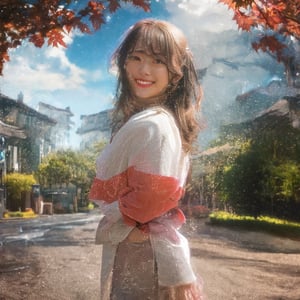 (best quality, ultra detailed, absolutely resolution, photography), 1girl, Japanese, kawaii, modern, cool, smile, arms behind back, looking to the side, face close-up, dynamic pose, scenery, town, street, autumn leaves, sky, cloud,poakl girl