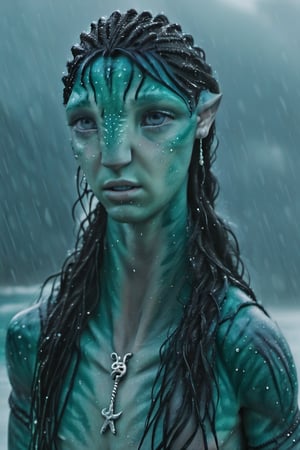 Beautiful na’vi, ((Troye Sivan)), male, 1male, teal green skin, skin texture, tattoo, braided hair, face closeup, freckles, angry, jewelry, ((rainy beach:background)), movie scene, detailed, hdr, high quality, movie still, ADD MORE DETAIL