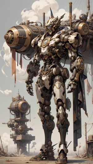 Illustration of a steampunk explorer in a post apocalyptic setting, surrounded by machine parts, mechanical UI, and post apocalyptic landscapes, Surreal steampunk Art Style, Influenced by Deviantart and Ghost in the Shell anime,Render 
