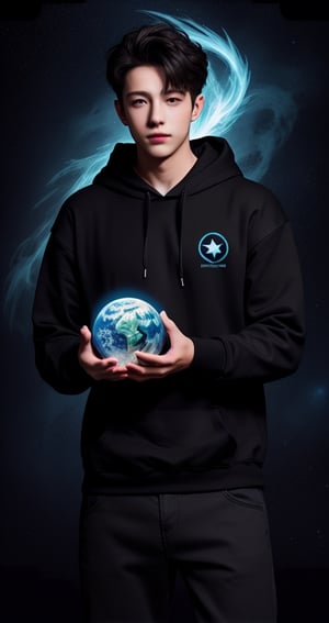 Young man black hoodie blue phoenix logo darkness background stars effect holding planet in both hands ,8k