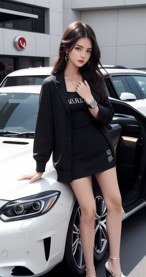 1girls wearing branded clothes and branded watch and a luxurious car 