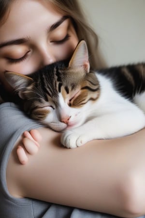 photo of a sleeping cat, in arms of girl 