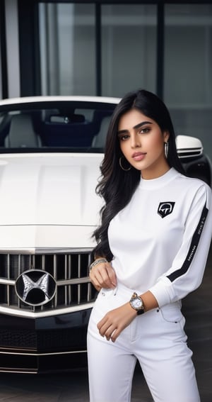 1girls wearing branded clothes and branded watch and a luxurious car 