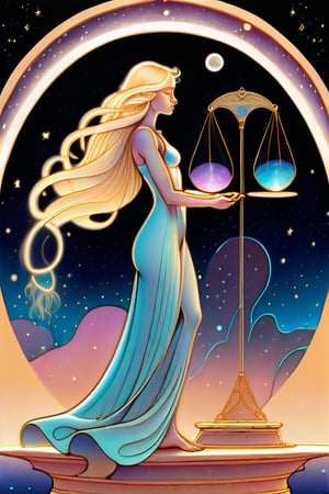 A stunning illustration in the Moebius style of a beautiful blonde girl representing the zodiac sign Libra. She is depicted as a graceful, ethereal figure standing on a set of scales, her long, flowing hair cascading over the edges. She wears a gown with a Libra-inspired pattern and holds a glowing pair of scales in her hands. The background is a dreamy, star-filled sky with the Moon casting a soft glow on the scene., illustration
  The artwork is inspired by the iconic Moebius style, with a combination of fluid lines and vivid colors that create a sense of timelessness and wonder.,  The overall composition is fluid and dreamy, evoking a sense of elegance and surrealism., conceptual art