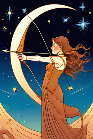 A striking illustration of a young woman representing the zodiac sign Sagittarius in a Moebius style. The girl has long, wavy brown hair and is adorned with a quiver full of arrows and a bow. She stands triumphantly with a bow drawn, ready to shoot an arrow adorned with a star. The background showcases a beautiful, vast sky filled with stars and a crescent moon, creating a sense of adventure and exploration., illustration
  The artwork is inspired by the iconic Moebius style, with a combination of fluid lines and vivid colors that create a sense of timelessness and wonder.,  The overall composition is fluid and dreamy, evoking a sense of elegance and surrealism., conceptual art