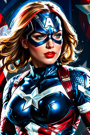 a detailed digital painting of a sexy female captain america in a dynamic pose.the suit is in latex material and high-tech details.the shield is on the back. the mask.the color scheme is a mix of dark and bright colors that contrast each other. the image is rendered with maximim details and post-processing.