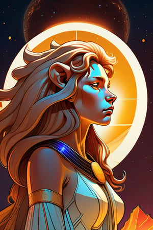 A stunning, cinematic illustration in Moebius style featuring a young girl with light brown hair styled like a lion's mane, representing the zodiac sign Leo. She wears a golden crown adorned with a lion's head and holds a scepter in her hand. Behind her, a fiery solar eclipse burns brightly, symbolizing her zodiac sign. The overall atmosphere is dramatic and vibrant, with a touch of mysticism and fantasy., cinematic, illustration
  The artwork is inspired by the iconic Moebius style, with a combination of fluid lines and vivid colors that create a sense of timelessness and wonder.,  The overall composition is fluid and dreamy, evoking a sense of elegance and surrealism., conceptual art