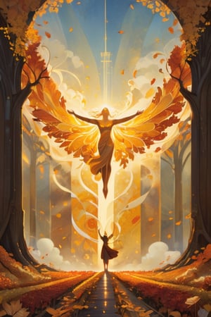 A visually striking cinematic illustration of a figure standing tall with arms outstretched, symbolizing faith. The figure is enveloped in a warm, golden light that fills the composition. A gentle breeze rustles the orange and yellow leaves that surround the central character, creating a sense of movement and life. The overall mood of the piece is uplifting and empowering, inspiring hope and belief in one's own abilities.