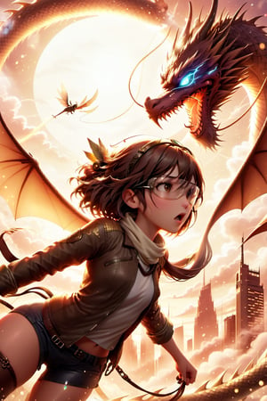 A dynamic, cinematic anime illustration of a young girl with a determined expression, wearing a unique aviator helmet and goggles, soaring through the sky. She flies on a magnificent, large-winged creature, which has a dragon-like appearance with metallic scales. They leave a trail of sparkling particles in their wake, creating a sense of speed and excitement. The background consists of a cityscape with towering buildings and a vibrant sunset., anime, cinematic, illustration,disney pixar style,Dragon