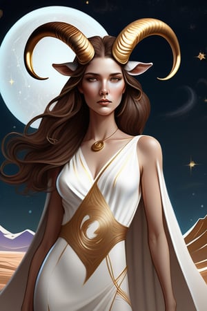 A captivating cinematic illustration featuring a woman with brown hair styled in the Moebius fashion, representing the zodiac sign Capricornus. She stands confidently, her hair flowing in a graceful manner, with a goat-like horn on her head symbolizing the sign. Her outfit is a blend of modern and ancient, with a flowing white dress adorned with gold accents and a furry capricornus-inspired shawl. The background reveals a dramatic landscape of mountains and stars, enhancing the mystical ambiance of the scene., illustration, cinematicThe artwork is inspired by the iconic Moebius style, with a combination of fluid lines and vivid colors that create a sense of timelessness and wonder.,  The overall composition is fluid and dreamy, evoking a sense of elegance and surrealism., conceptual art