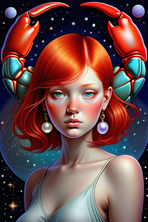 A captivating illustration of Cancer, the zodiac sign, depicted as a stunning girl with short red hair. She has adorable, plump features, and is adorned with various symbols representing Cancer, such as a crab, a pearl, and a crescent moon. 
  The artwork is inspired by the iconic Moebius style, with a combination of fluid lines and vivid colors that create a sense of timelessness and wonder.,  The overall composition is fluid and dreamy, evoking a sense of elegance and surrealism., conceptual art