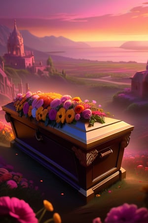 A visually striking cinematic scene of an open coffin, with vibrant and colorful flowers bursting out of it. The flowers are a mix of bright hues, such as pink, orange, and yellow, adding a surreal and enchanting touch to the scene. The background is a blurred and dreamy landscape, with a soft golden glow filtering through the sky. The overall atmosphere is both haunting and beautiful, evoking a sense of mystery and wonder., vibrant, cinematic