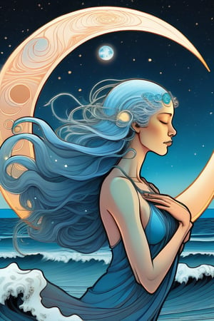 A stunning Moebius-inspired illustration of a woman representing the zodiac sign Cancer. She has long, flowing blue hair adorned with delicate seashells and a crescent moon. The Cancer woman is shown in a dramatic, cinematic pose with her arms raised, as if embracing the ocean waves that crash around her. The background is a dreamy blend of celestial bodies, including the moon and stars, creating a surreal and mystical atmosphere., illustration, cinematicThe artwork is inspired by the iconic Moebius style, with a combination of fluid lines and vivid colors that create a sense of timelessness and wonder.,  The overall composition is fluid and dreamy, evoking a sense of elegance and surrealism., conceptual art