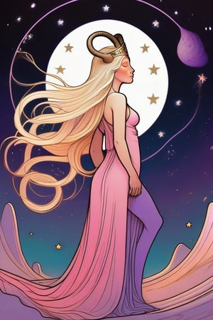 A stunning illustration of Aries, the zodiac sign, portrayed as a beautiful sexy girl with long blonde hair. She is depicted in the Moebius style, with fluid lines and a dreamlike quality. Aries is shown wearing a crown of stars and a flowing, ethereal gown. Her hair is adorned with a small crescent moon and horns, symbolizing her association with the ram. The background features a celestial landscape, with a vibrant pink and purple sky, and a scattering of stars., illustration
  The artwork is inspired by the iconic Moebius style, with a combination of fluid lines and vivid colors that create a sense of timelessness and wonder.,  The overall composition is fluid and dreamy, evoking a sense of elegance and surrealism., conceptual art