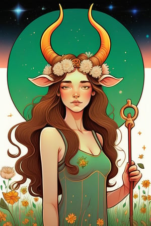 A stunning illustration of a girl representing the zodiac sign Taurus, drawn in the Moebius style. The girl has long, wavy brown hair and wears a crown with horns adorned with flowers. She is holding a staff with a small bull's head on top, symbolizing her connection to the zodiac sign. The background is a lush, green field filled with flowers, and a magnificent bull is seen in the distance, glancing back at the girl. The overall ambiance of the illustration is peaceful and serene, with a touch of enchantment., illustration
  The artwork is inspired by the iconic Moebius style, with a combination of fluid lines and vivid colors that create a sense of timelessness and wonder.,  The overall composition is fluid and dreamy, evoking a sense of elegance and surrealism., conceptual art