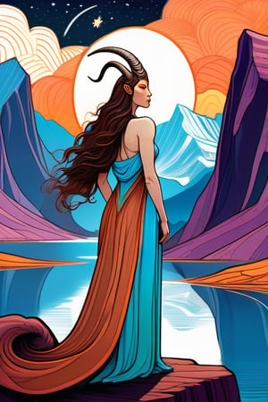 A striking illustration of a Capricorn woman in a Moebius style, with rich brown hair cascading down her back. She is adorned with a goat headdress, symbolizing the zodiac sign Capricornus, and wears a flowy dress with a bold color palette. The background showcases a dramatic, cinematic landscape of mountains, waterfalls, and stars, all seamlessly blending into the celestial sky. The overall atmosphere is both mystical and powerful, capturing the essence of the Capricorn zodiac sign., illustration, cinematiccinematicThe artwork is inspired by the iconic Moebius style, with a combination of fluid lines and vivid colors that create a sense of timelessness and wonder.,  The overall composition is fluid and dreamy, evoking a sense of elegance and surrealism., conceptual art