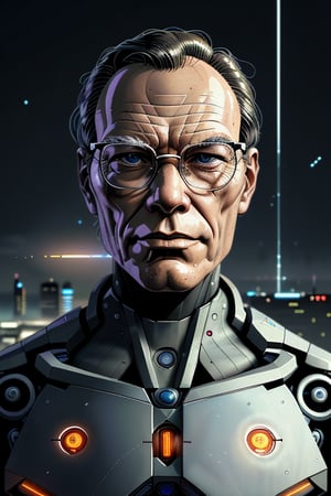 A stunning close-up illustration of a cyborg version of Isaac Asimov, drawn by the legendary Moebius. The renowned author's face is seamlessly integrated with robotic elements, including a metallic eye and mechanical limbs. The background features a futuristic cityscape, an homage to Asimov's iconic science fiction world. The overall atmosphere is both intriguing and cinematic, evoking a sense of awe and wonder., cinematic