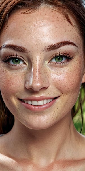 Generate hyper realistic image of a woman with a radiant smile that lights up her face, her high cheekbones dusted with freckles, and her deep-set green eyes full of warmth and kindness.