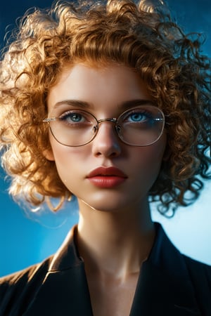 a photo portrait of a beautiful girl with curls, (dirty blonde hair), (detailed blue eyes), (face portrait:1.5), dramatic light, Rembrandt lighting scheme, (hyperrealism:1.2), (8K UHD:1.2), (photorealistic:1.2), shot with Canon EOS 5D Mark IV, detailed face, detailed hair, modern glasess, wearing glasses