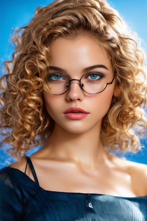 a photo portrait of a beautiful girl with curls, (dirty blonde hair), (detailed blue eyes), (face portrait:1.5), dramatic light, Rembrandt lighting scheme, (hyperrealism:1.2), (8K UHD:1.2), (photorealistic:1.2), shot with Canon EOS 5D Mark IV, detailed face, detailed hair, modern glasess, wearing glasses