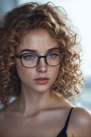 a photo portrait of a beautiful girl with curls and lots of freckles, (dirty blonde hair), (detailed blue eyes), (face portrait:1.5), dramatic light, Rembrandt lighting scheme, (hyperrealism:1.2), (8K UHD:1.2), (photorealistic:1.2), shot with Canon EOS 5D Mark IV, detailed face, detailed hair, modern glasess, wearing glasses