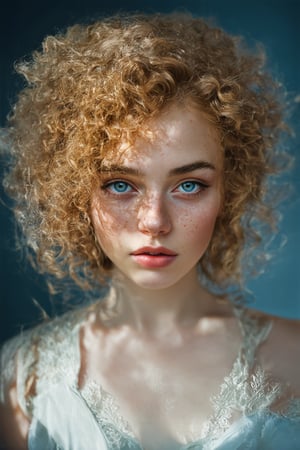 a photo portrait of a beautiful girl with curls and lots of freckles, (dirty blonde hair), (detailed blue eyes), (face portrait:1.5), dramatic light, Rembrandt lighting scheme, (hyperrealism:1.2), (8K UHD:1.2), (photorealistic:1.2), shot with Canon EOS 5D Mark IV, detailed face, detailed hair, modern glasess