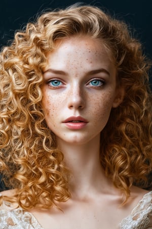 a photo portrait of a beautiful girl with curls and lots of freckles, (dirty blonde hair), (detailed blue eyes), (face portrait:1.5), dramatic light, Rembrandt lighting scheme, (hyperrealism:1.2), (8K UHD:1.2), (photorealistic:1.2), shot with Canon EOS 5D Mark IV, detailed face, detailed hair, modern glasess