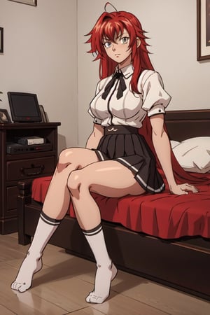 A 20year old girl that has a curvy body, :1.2, full lips, red hair, straight_hair, bangs, full-body_portrait, white blouse, high detailed. Perfect generator hands, black skirt, red long socks, in her room, perfect generator legs, perfect arms, perfect feet,Android_18_DB,and18, 1girl,rias gremory