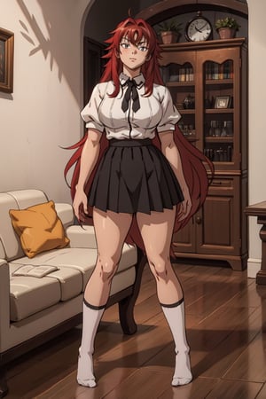 A 20year old girl that has a curvy body, :1.2, full lips, red hair, straight_hair, bangs, full-body_portrait, white blouse, high detailed. Perfect generator hands, black skirt, red long socks, in a living room, perfect generator legs, perfect arms, perfect feet,Android_18_DB,and18, 1girl,rias gremory