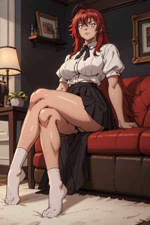 A 20year old girl that has a curvy body, :1.2, full lips, red hair, straight_hair, bangs, full-body_portrait, white blouse, high detailed. Perfect generator hands, black skirt, white long socks, in a living room, perfect generator legs, perfect arms, perfect feet,Android_18_DB,and18, 1girl,rias gremory