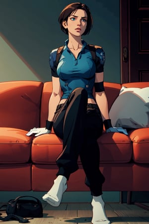 Jill Valentine, full_body, pretty woman,high_resolution, sitting on a couch, abandoned mansion, masterpiece, blue shirt, black pants, white_socks, perfect generator legs, perfect generator arms, HD, perfect generator hands, perfect feets, extreme detailed, flat_colours