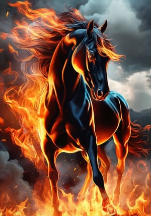 (Masterpiece, high quality, best quality, official art, beauty and aesthetics:1.2),(fire element:1.1),composed of fire elements,black horse,flame skin,flame print,fiery hair,smoke,cloud,(1girl:1.2),fire element