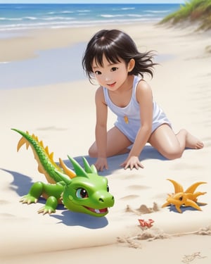 Little girl, playing, beach, 1 laying dragon watching
