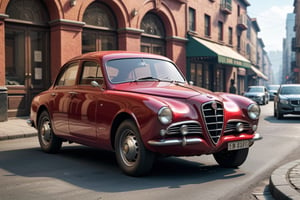 A 1950 Alfa Romeo sedan, dieselpunk city background, afternoon, dieselpunk retrofuturism, red paint,(masterpiece, best quality, ultra detailed), (high resolution, 8K, UHD, HDR),photorealistic