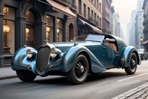 A 1950 Bugatti supercar, dieselpunk city background, afternoon, dieselpunk retrofuturism, black paint,(masterpiece, best quality, ultra detailed), (high resolution, 8K, UHD, HDR),photorealistic