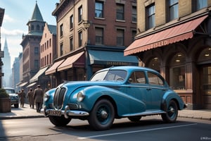 A 1950 BMW sport sedan, dieselpunk city background, afternoon, dieselpunk retrofuturism, blue paint,(masterpiece, best quality, ultra detailed), (high resolution, 8K, UHD, HDR),photorealistic