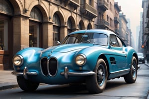 A 1950 BMW supercar, dieselpunk city background, afternoon, dieselpunk retrofuturism, blue paint,(masterpiece, best quality, ultra detailed), (high resolution, 8K, UHD, HDR),photorealistic