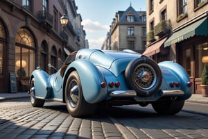 A 1950 Bugatti hypercar, dieselpunk city background, afternoon, dieselpunk retrofuturism, blue paint,(masterpiece, best quality, ultra detailed), (high resolution, 8K, UHD, HDR),photorealistic
