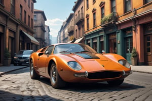 A 1950 Lamborghini supercar, dieselpunk city background, afternoon, dieselpunk retrofuturism, orange paint,(masterpiece, best quality, ultra detailed), (high resolution, 8K, UHD, HDR),photorealistic