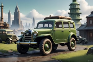 A 1950 Toyota all terrain car, dieselpunk city background, afternoon, dieselpunk retrofuturism, green paint,(masterpiece, best quality, ultra detailed), (high resolution, 8K, UHD, HDR),photorealistic