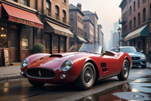 A 1950 Ferrari supercar, dieselpunk city background, afternoon, dieselpunk retrofuturism, red paint,(masterpiece, best quality, ultra detailed), (high resolution, 8K, UHD, HDR),photorealistic